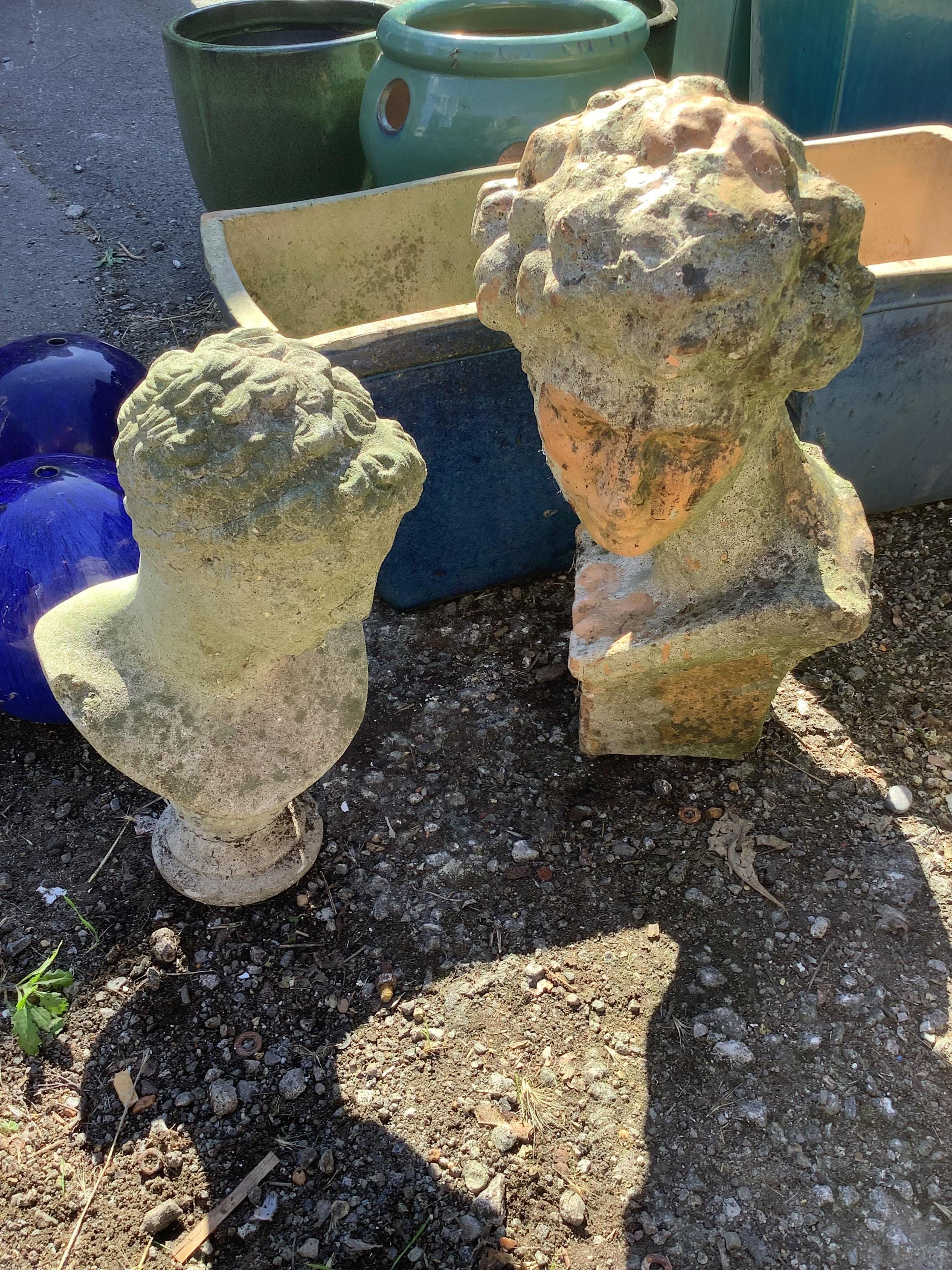 Two reconstituted stone and terracotta garden busts, larger height 46cm. Condition - fair